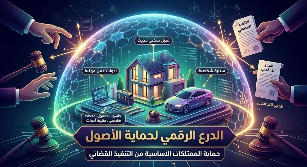 رسم تعبيري يظهر منزلاً وسيارة وأدوات عمل داخل درع حماية يرمز للأصول المحمية من التنفيذ القضائي