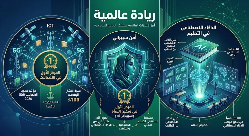 إنفوجرافيك احترافي يستعرض صدارة المملكة في مؤشر الاتصالات وتقنية المعلومات لعام 2026 وإنجازاتها في الذكاء الاصطناعي والأمن السيبراني.