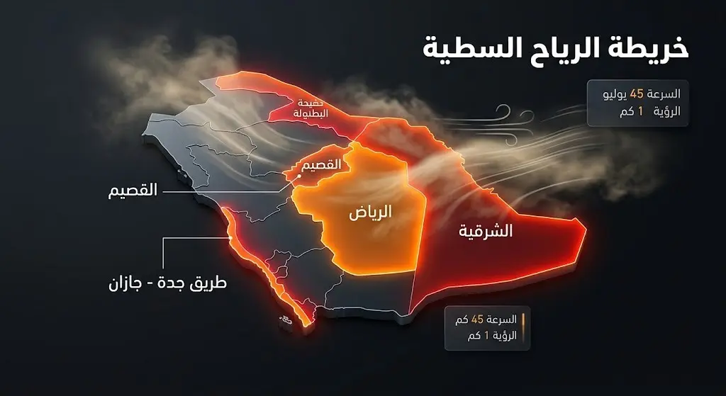 إنفوجرافيك احترافي لخرائط طقس السعودية يوضح المناطق المشمولة بتحذيرات الرياح السطحية وانخفاض الرؤية