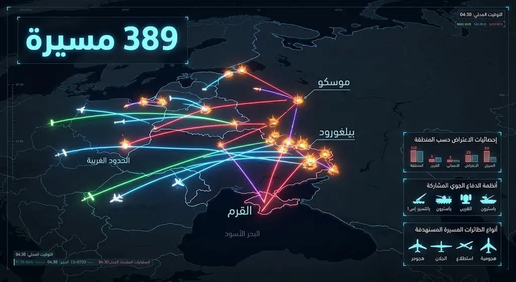 إنفوجرافيك لخريطة توضح التوزيع الجغرافي للمناطق التي شهدت اعتراض 389 طائرة مسيرة أوكرانية.