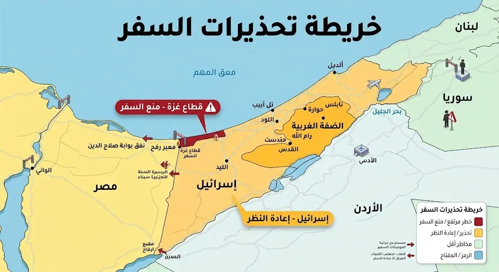 إنفوجرافيك يوضح مستويات تحذير السفر للمناطق المختلفة بما في ذلك قطاع غزة وإسرائيل والحدود المصرية، مع تمييز مناطق الخطر الشديد.