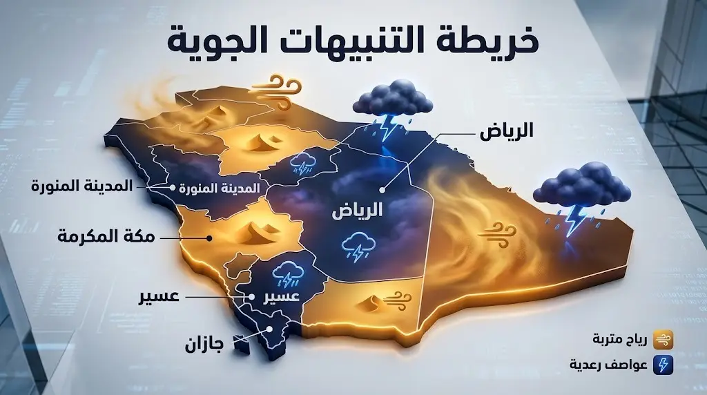 خريطة إنفوجرافيك احترافية للمملكة العربية السعودية توضح المناطق المتأثرة بالرياح المغبرة والأمطار الرعدية
