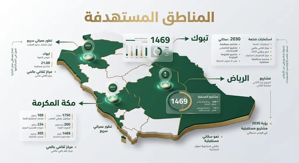 إنفوجرافيك يوضح خريطة المملكة العربية السعودية مع تحديد مناطق مكة المكرمة وتبوك والرياض المستهدفة بالتسجيل العيني لـ 1469 قطعة عقارية.