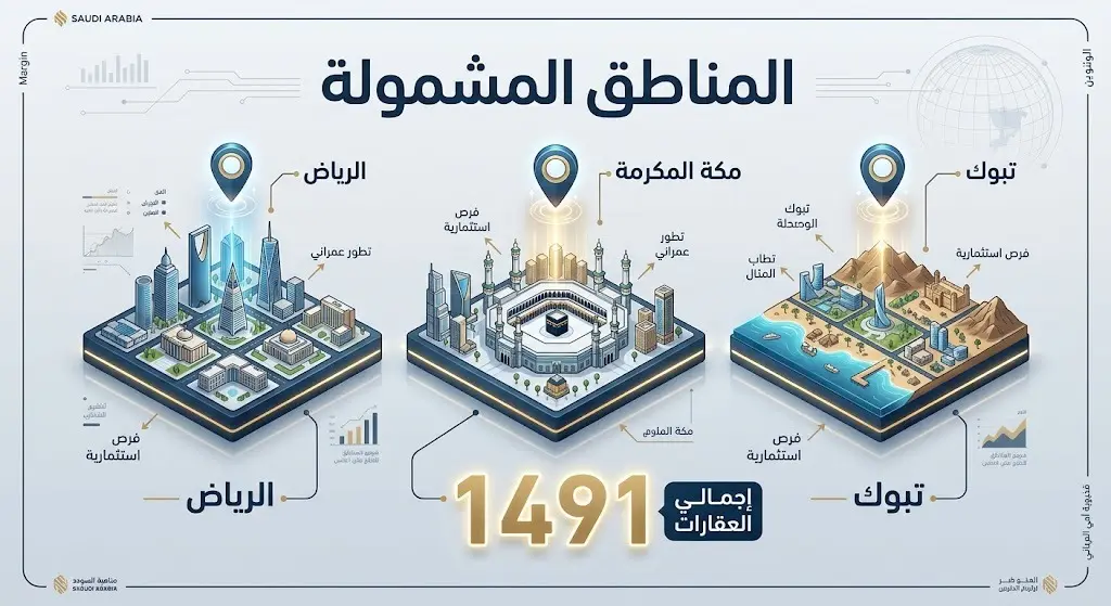 إنفوجرافيك ثلاثي الأبعاد يوضح المناطق الجغرافية الثلاث المشمولة في التسجيل العقاري وهي الرياض، مكة المكرمة، وتبوك، مع إبراز الرقم 1491 لعدد القطع العقارية المستهدفة.