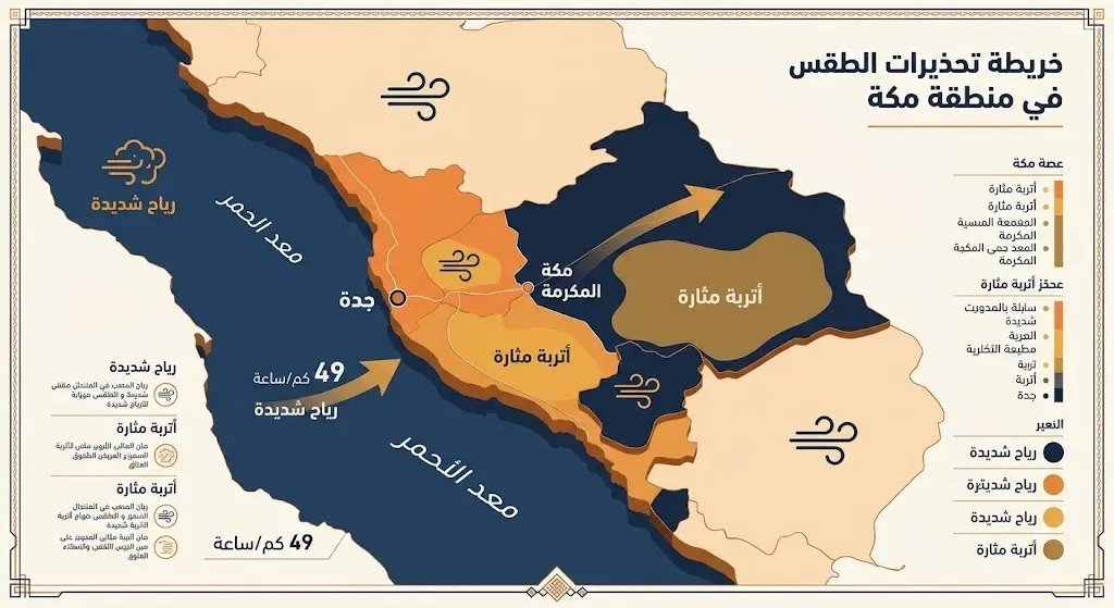 إنفوجرافيك احترافي يعرض خريطة لمحافظات منطقة مكة المكرمة المشمولة بتحذيرات الرياح والأتربة مثل جدة ورابغ.