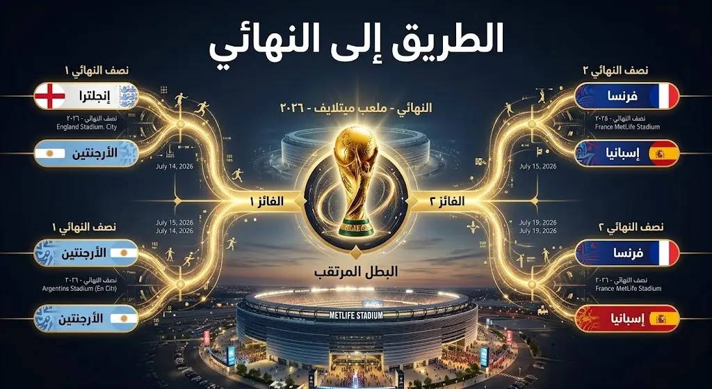 رسم بياني يوضح مسار المنتخبات الأربعة في نصف نهائي كأس العالم 2026 نحو المباراة النهائية