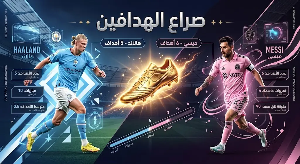تصميم غرافيكي يوضح المنافسة الشرسة على الحذاء الذهبي وصدارة هدافي كأس العالم 2026 بين إرلينج هالاند وليونيل ميسي.