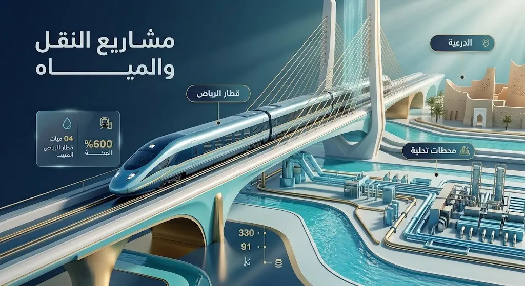 تصميم إنفوجرافيك مدمج بمشهد ثلاثي الأبعاد يبرز مشاريع النقل كمترو الرياض والبنية التحتية لتحلية المياه.