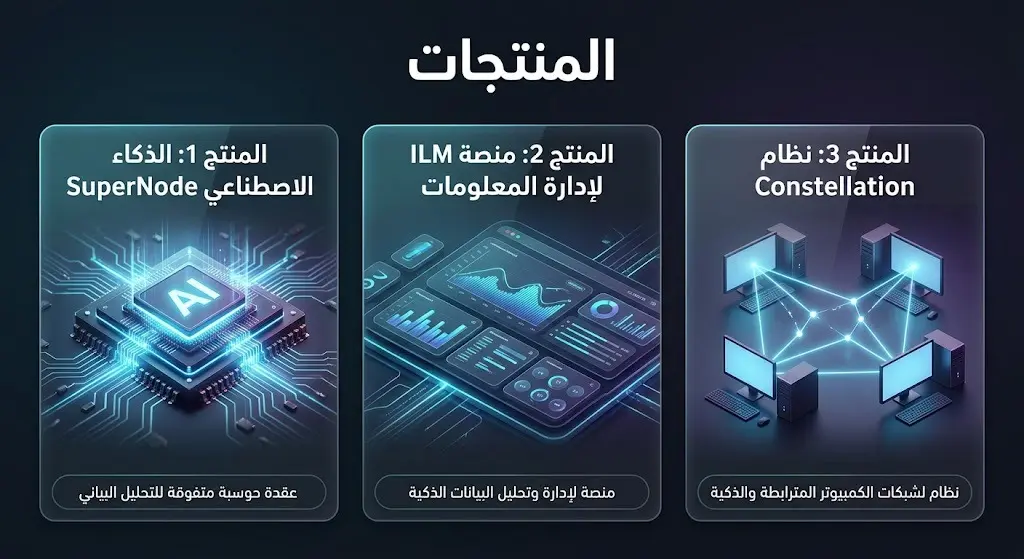 تصميم بصري يستعرض منتجات شركة ثينك الثلاثة: نظام AI SuperNode، ومنصة ILM، ونظام Constellation الذي يحول الشبكات المكتبية لعناقيد حوسبة.
