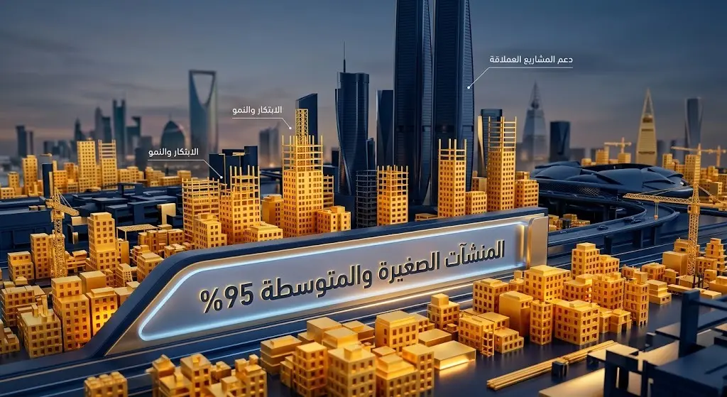 تصميم إنفوجرافيك ثلاثي الأبعاد يوضح استحواذ المنشآت الصغيرة والمتوسطة على نسبة 95% من قطاع المقاولات السعودي