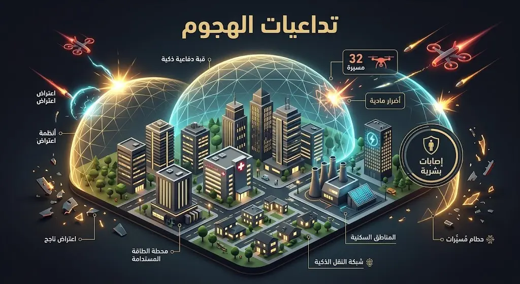 إنفوجرافيك ثلاثي الأبعاد يوضح تداعيات الهجوم الجوي والأضرار المادية في المنشآت مع التأكيد على عدم وجود خسائر بشرية.