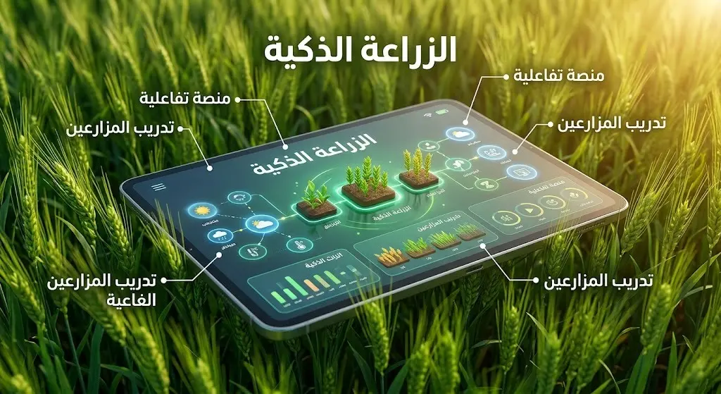 صورة تعبيرية تدمج بين التكنولوجيا الحديثة والزراعة، تظهر حاسوباً لوحياً يعرض منصات زراعية ذكية وحقولاً خضراء مع نصوص عربية توضيحية متصلة.