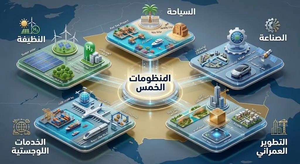 إنفوجرافيك إبداعي يستعرض المنظومات الاستثمارية الخمس: السياحة، الصناعة المتقدمة، التطوير العمراني، اللوجستيات، والطاقة المتجددة.