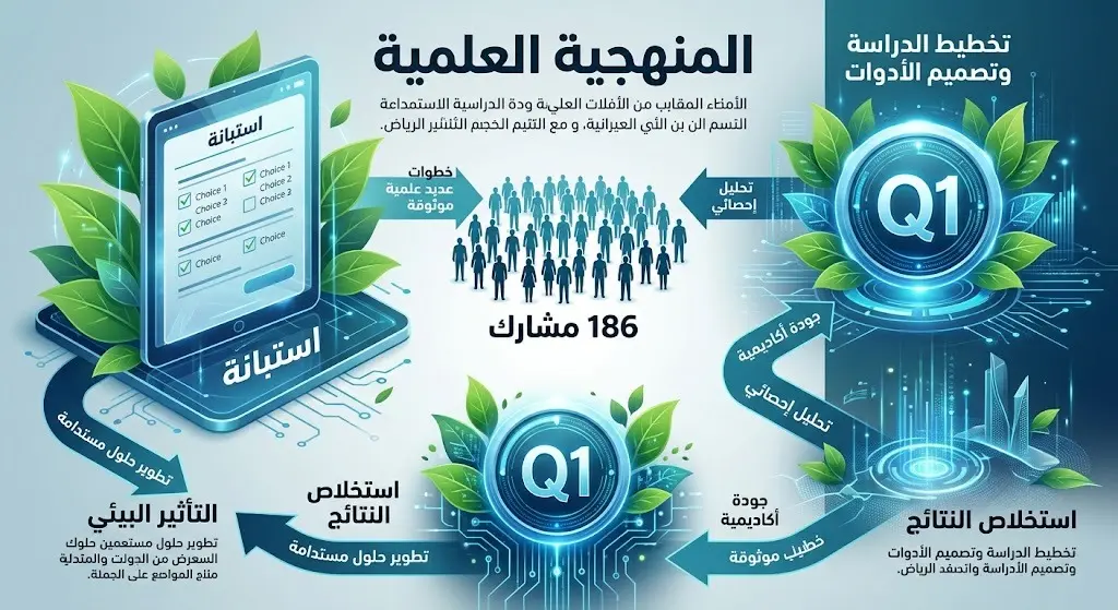 إنفوجرافيك يوضح المنهجية العلمية للدراسة، يبرز استخدام الاستبانة وعينة مكونة من 186 مشاركاً.
