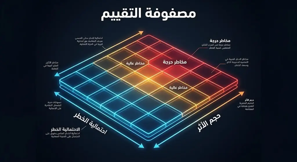 رسم بياني يوضح مصفوفة تقييم مخاطر الذكاء الاصطناعي، يربط بين احتمالية الخطر وحجم الأثر بتصميم تقني عصري.