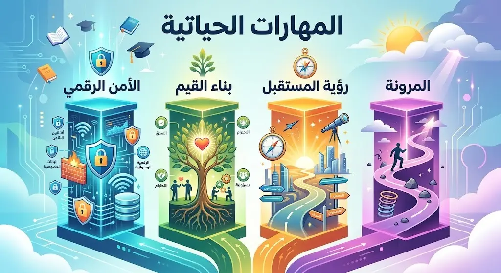رسم توضيحي يستعرض حقائب المهارات الحياتية الأربع المقدمة للطلاب والتي تشمل الأمن الرقمي وبناء القيم والرؤية المستقبلية والمرونة.