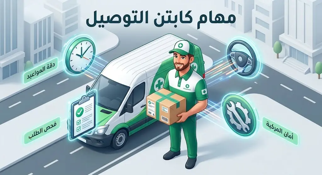 تصميم إنفوجرافيك إبداعي يوضح المهام التشغيلية لكابتن التوصيل، ويتضمن أيقونات تمثل دقة المواعيد، فحص الطلبات، والعناية بالمركبة.