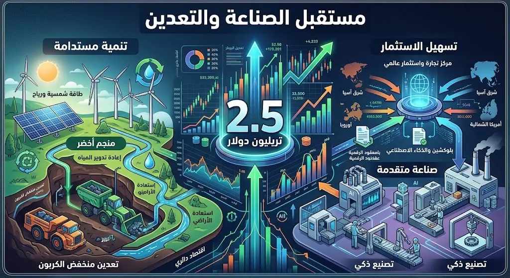 تصميم مرئي يستعرض المهام المستقبلية للخريجين وحجم الثروة المعدنية المقدرة بـ 2.5 تريليون دولار.