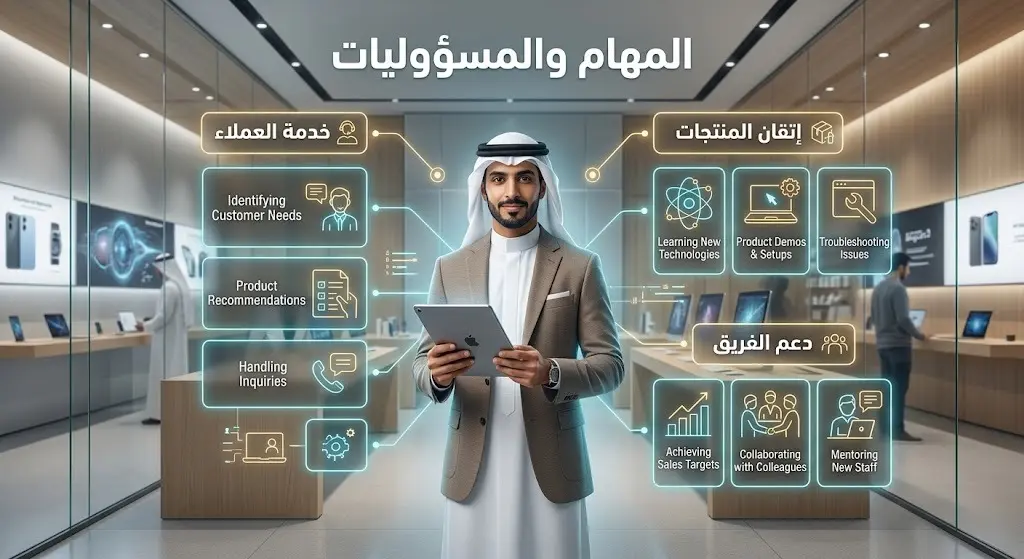 إنفوجرافيك احترافي يستعرض المهام والمسؤوليات الوظيفية لأخصائي المبيعات في قطاع التجزئة التقني، يبرز خدمة العملاء وإتقان المنتجات.