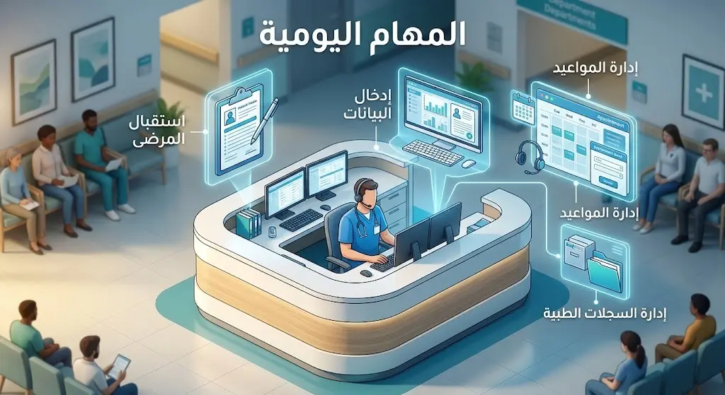 تصميم فني يستعرض المهام اليومية لشاغل الوظيفة الإدارية، من استقبال المرضى وإدارة المواعيد إلى إدخال البيانات والتواصل المستمر.