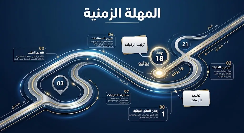 تصميم زمني يبرز تاريخ 18 يوليو كآخر موعد لتعديل وترتيب الرغبات الجامعية قبل إغلاق النظام.