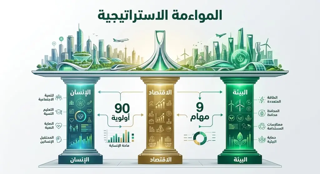 تصميم استعراضي يبرز المواءمة الاستراتيجية بين أهداف التنمية المستدامة ورؤية السعودية 2030 عبر محاور الإنسان والاقتصاد والبيئة.