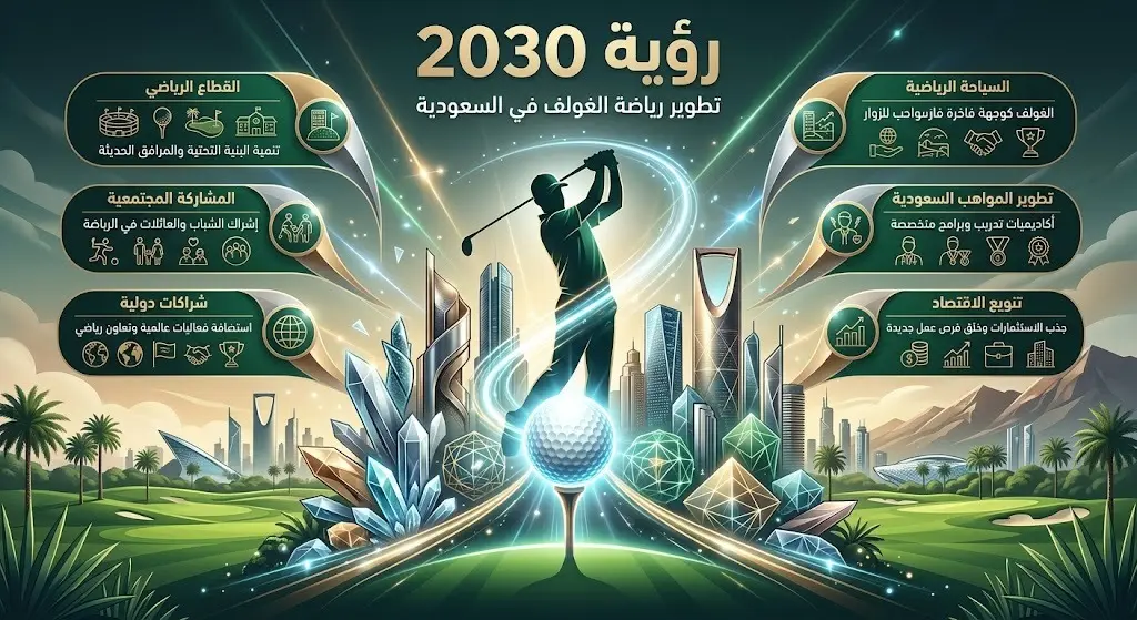 تصميم بصري يربط بين تطوير رياضة الجولف ومستهدفات رؤية السعودية 2030 في تنمية القطاع الرياضي والمجتمعي.