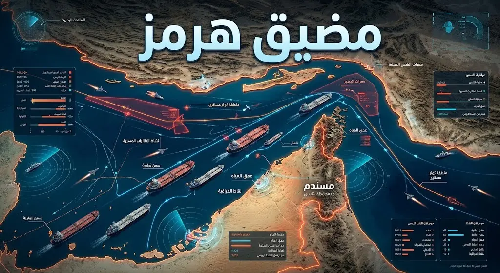 تصميم بياني يجسد مضيق هرمز وحركة السفن التجارية وسط التوترات الأمنية وتضارب التصريحات العسكرية.