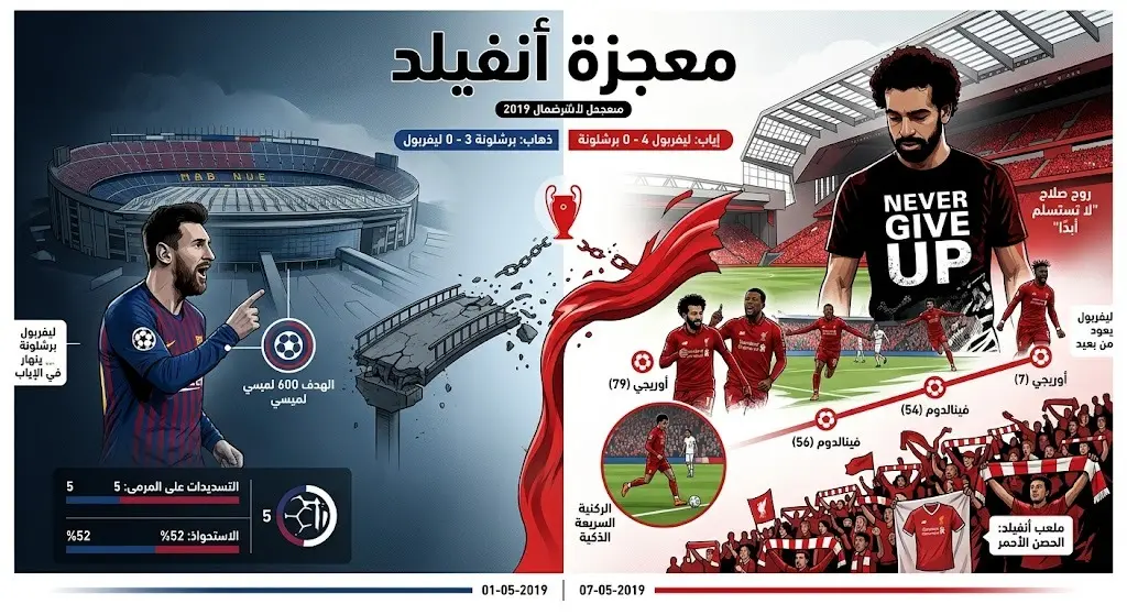تصميم إنفوجرافيك يجسد مواجهة ليفربول وبرشلونة في دوري أبطال أوروبا 2019، يبرز نتيجتي الذهاب والإياب مع إشارة لقميص صلاح الشهير 'لا نستسلم'.
