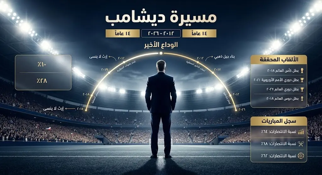 تصميم إنفوجرافيك يستعرض مسيرة المدرب ديديه ديشامب مع منتخب فرنسا التي امتدت لـ 14 عاماً وتختتم في كأس العالم 2026