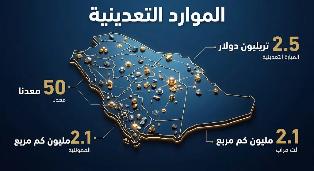 إنفوجرافيك يستعرض حجم الموارد التعدينية في السعودية بقيمة 2.5 تريليون دولار وتوزيعها الجغرافي.