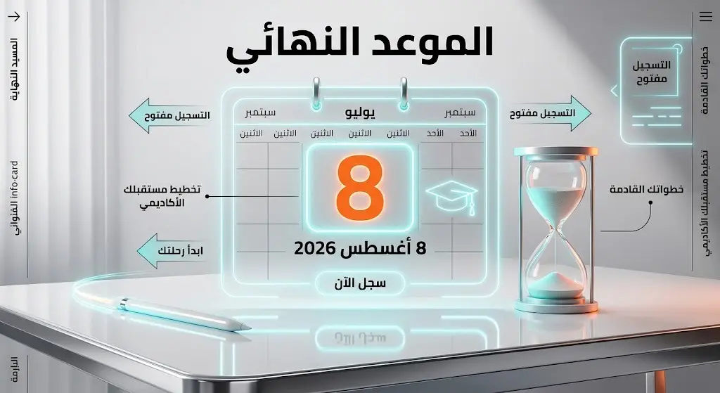 تصميم رقمي احترافي يعرض تقويماً وساعة رملية عصرية لتسليط الضوء على الموعد النهائي لتقديم طلبات الالتحاق في 8 أغسطس 2026.