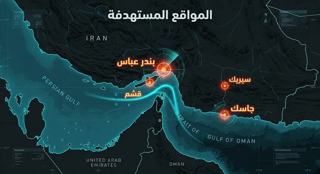 خريطة إنفوجرافيك تعرض المواقع الإيرانية المستهدفة: بندر عباس، قشم، جاسك، وسيريك جنوبي البلاد.