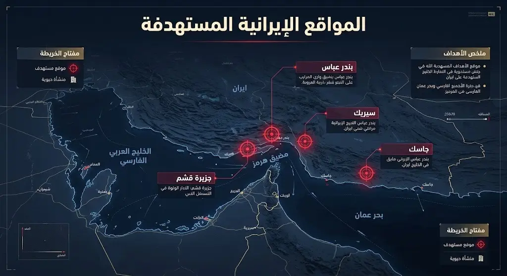 خريطة إنفوجرافيك ثلاثية الأبعاد توضح المواقع الإيرانية المستهدفة في جنوب البلاد، وتشمل مدينة سيريك، جزيرة قشم، جزيرة جاسك، وميناء بندر عباس بالقرب من مضيق هرمز.