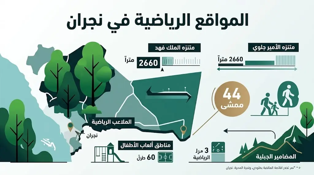 إنفوجرافيك بياني احترافي يوضح أبرز المواقع الرياضية في نجران، متضمناً أرقاماً عن مساحات وطول المماشي مثل ممشى متنزه الملك فهد.