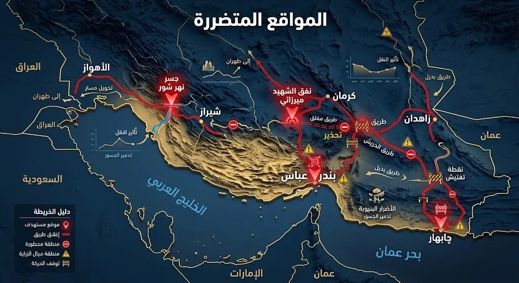 إنفوجرافيك يوضح المواقع المستهدفة وإغلاق الطرق والجسور في محافظة هرمزغان إثر الغارات