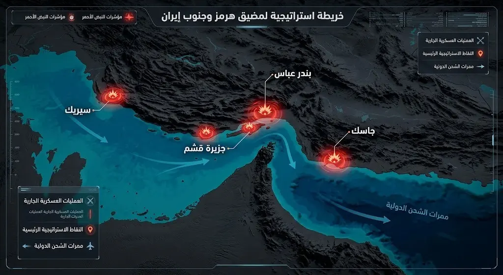 خريطة تفاعلية ثلاثية الأبعاد توضح مواقع الانفجارات والأهداف العسكرية في جنوب إيران، وتشمل بندر عباس، وجزيرتي قشم وجاسك، ومدينة سيريك قرب مضيق هرمز.