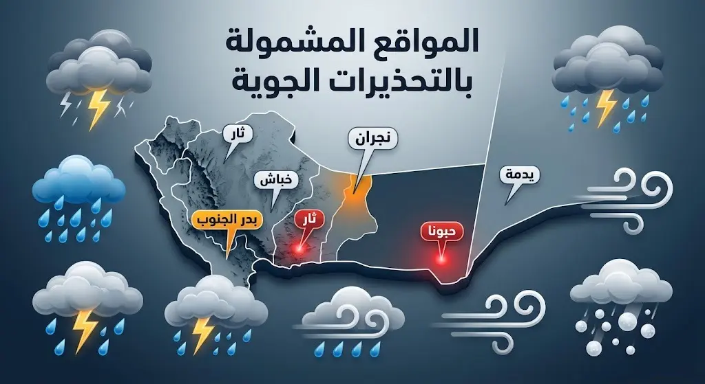 إنفوجرافيك إخباري احترافي يستعرض المواقع المشمولة بالتحذيرات الجوية في منطقة نجران، متضمناً محافظات بدر الجنوب، حبونا، خباش، ثار، ويدمة، مع رموز بصرية للأمطار والرياح والصواعق.