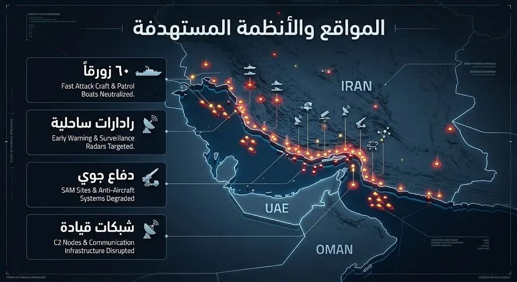 إنفوجرافيك تفصيلي يوضح خريطة وأنواع الأهداف والأنظمة الإيرانية التي استهدفتها القوات الأمريكية في مضيق هرمز.