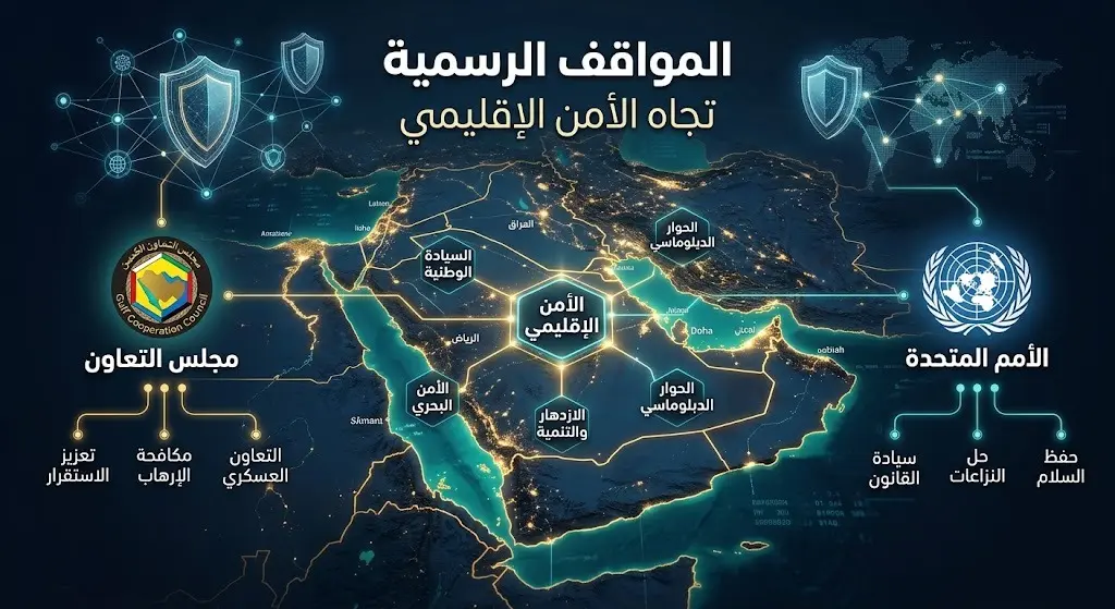 تصميم بصري يبرز المواقف الرسمية المشتركة بين مجلس التعاون الخليجي والأمم المتحدة لحماية الأمن الإقليمي.