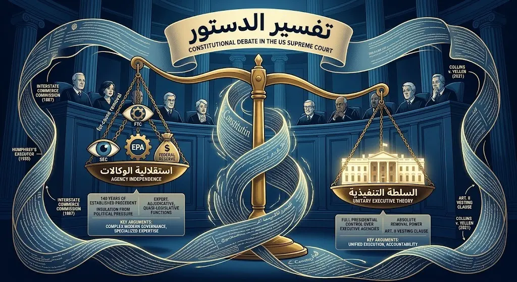 تصميم غرافيكي يصور ميزان العدالة يميل نحو البيت الأبيض مع وثيقة الدستور، مصحوباً بنصوص عربية توضيحية تقارن بين السلطة التنفيذية واستقلالية الوكالات.