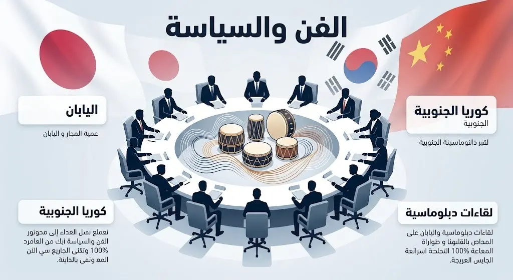 تصميم مفاهيمي يوضح دمج العروض الموسيقية في الاجتماعات الدبلوماسية الرسمية بين قادة الدول الآسيوية