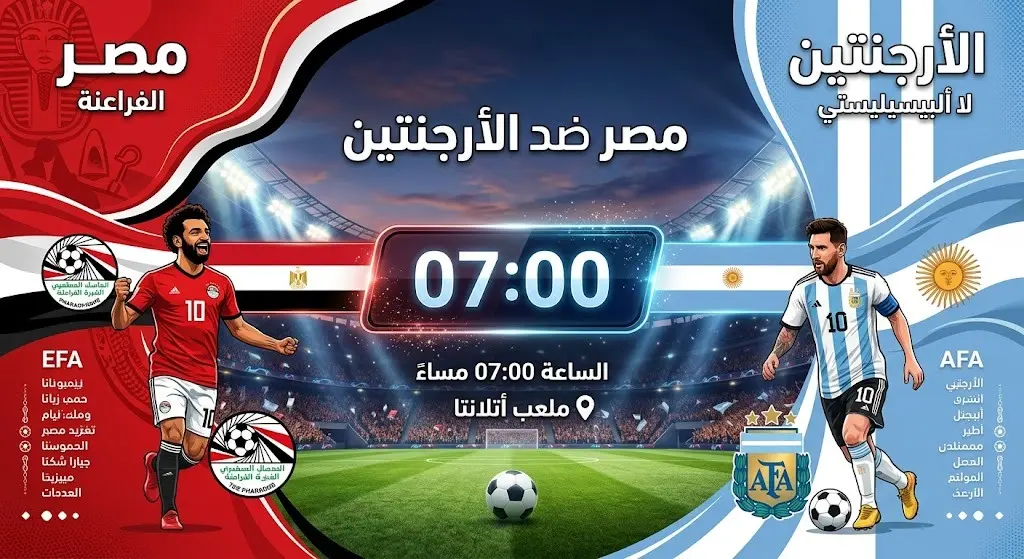 بطاقة معلومات بتصميم رياضي جذاب توضح موعد وملعب مباراة مصر والأرجنتين في كأس العالم 2026.