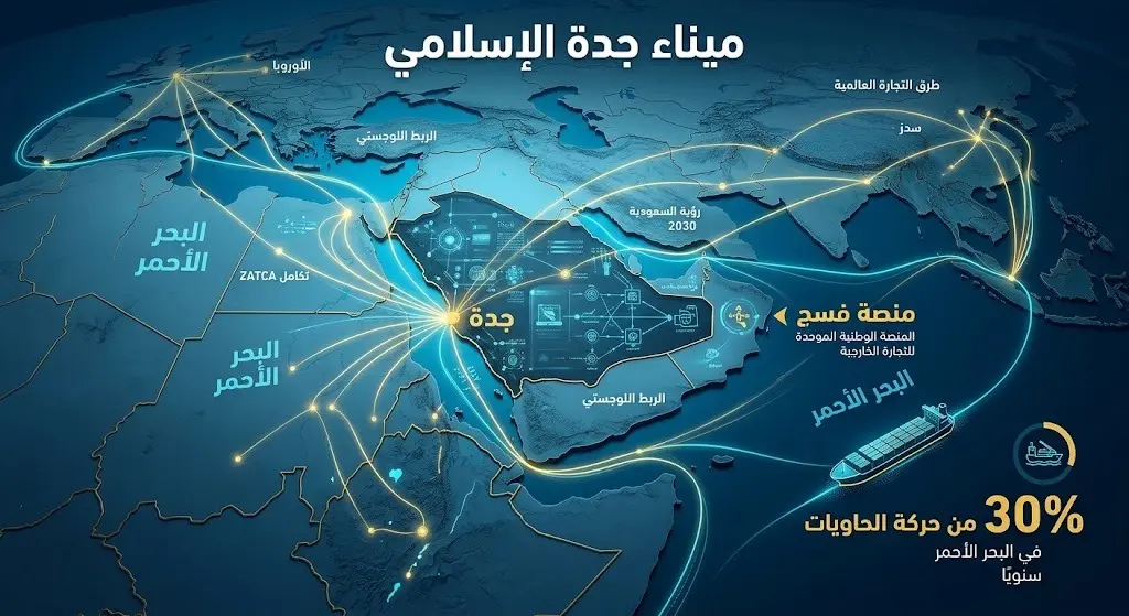 إنفوجرافيك يوضح الموقع الاستراتيجي لمنطقة البحري للإيداع في ميناء جدة الإسلامي ومسارات التجارة العالمية والربط الرقمي.