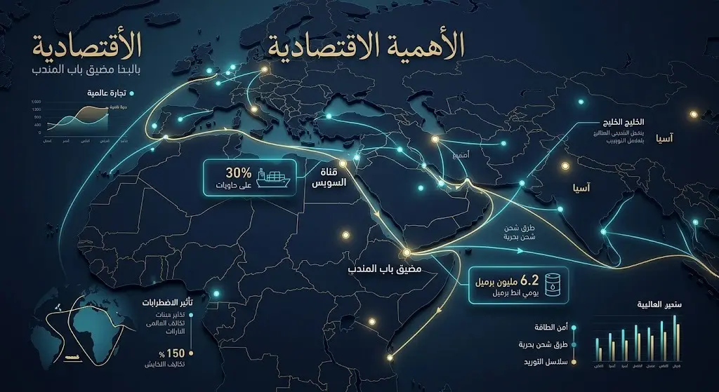 تصميم إنفوجرافيك ثلاثي الأبعاد يوضح خريطة البحر الأحمر وقناة السويس ومضيق باب المندب، مع إحصائيات وأرقام تسلط الضوء على حجم التجارة العالمية وتدفقات النفط المارة عبر هذه الممرات.