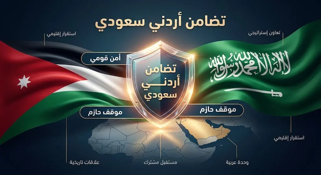 تصميم فني يجسد التضامن الدبلوماسي والأمني بين المملكة الأردنية الهاشمية والمملكة العربية السعودية، مع إبراز رمزي لعلمي البلدين ودرع حماية الأمن القومي.