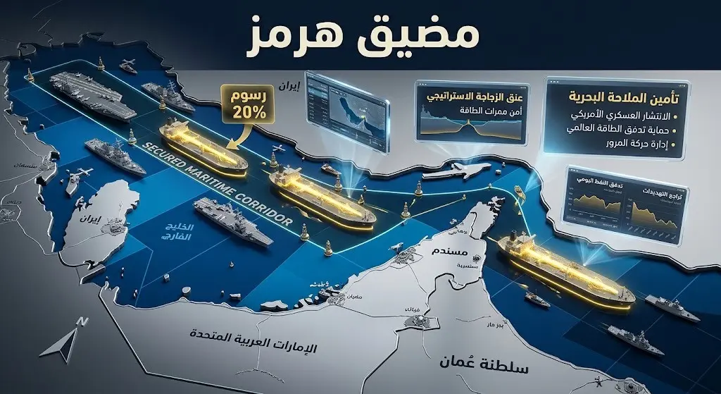 إنفوجرافيك يوضح خريطة مضيق هرمز وتواجد السفن البحرية الأمريكية لحماية ناقلات النفط، مع إبراز مقترح رسوم الحماية بنسبة 20%.