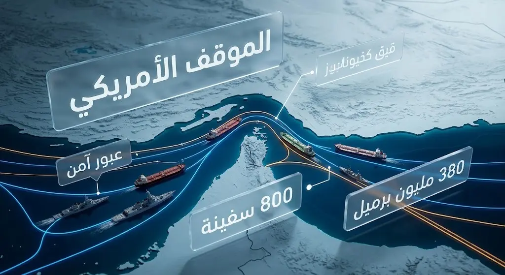 إنفوجرافيك إخباري يوضح الموقف الأمريكي في مضيق هرمز مع إحصائيات عبور السفن وحجم النفط وتأمين الملاحة البحرية.