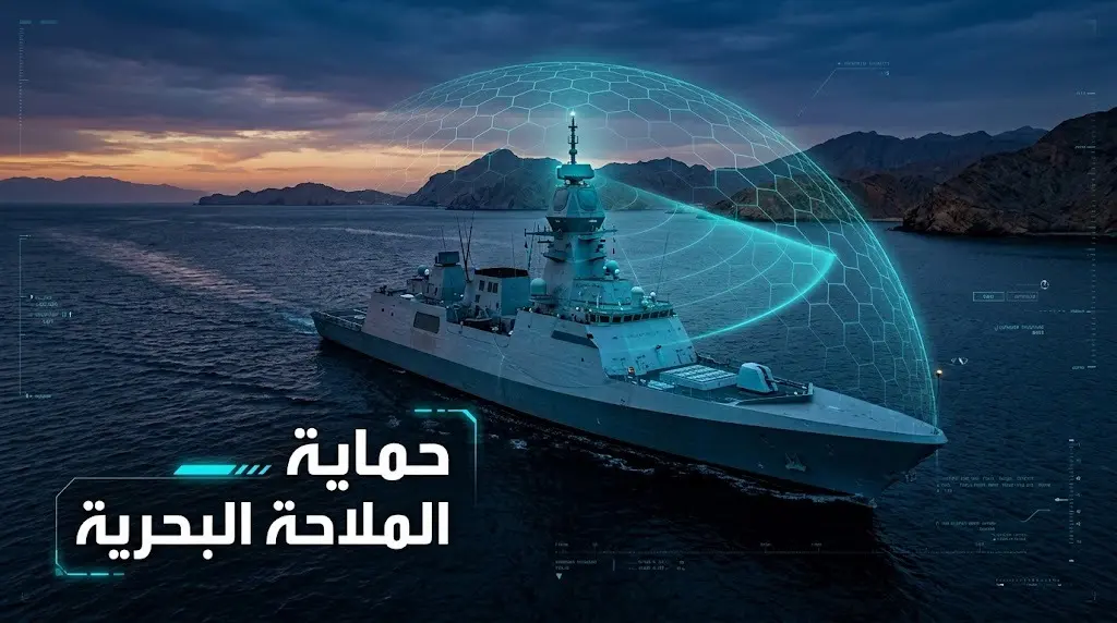 تصميم تعبيري لقطعة بحرية عسكرية تقوم بدوريات حماية في مياه الخليج، يحيط بها شبكة رادار هولوغرافية ترمز للأمن والدفاع.