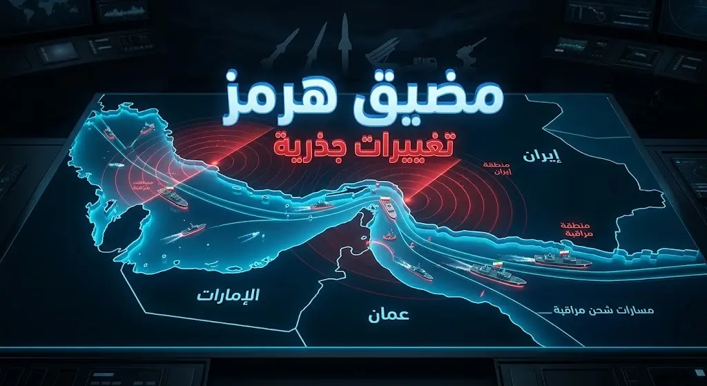 صورة تعبيرية تظهر خريطة رقمية ثلاثية الأبعاد لمضيق هرمز مع عناصر عسكرية تسلط الضوء على التوجهات الإيرانية الجديدة في إدارة الممر المائي.